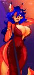  anthro big_breasts blue_hair breasts brown_eyes canid canine carmelita_fox clothing dress fangs female fluffy fluffy_tail fox fur hair hi_res mammal multicolored_body multicolored_fur nipples norakaru open_mouth open_smile orange_body orange_fur sly_cooper_(series) smile solo sony_corporation sony_interactive_entertainment sucker_punch_productions tongue two_tone_body two_tone_fur video_games 