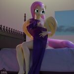 3d_(artwork) absurd_res anthro anthrofied bed clothing digital_media_(artwork) dress equid equine feathers female fluttershy_(mlp) foxventus friendship_is_magic furniture hi_res mammal my_little_pony nude pegasus sitting solo wings yellow_body yellow_feathers 