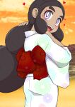  1girl absurdres alternate_costume aor_saiun back_bow black_hair blush bow bright_pupils cloud commentary_request cowboy_shot dark-skinned_female dark_skin forehead from_behind hands_up happy hapu_(pokemon) heart highres japanese_clothes kimono light_blush long_hair long_sleeves looking_at_viewer looking_back nape open_mouth orange_background orange_sky outdoors partial_commentary pokemon pokemon_(game) pokemon_sm purple_eyes red_bow sidelocks sky smile solo standing sunset teeth textless tongue white_kimono white_pupils wide_sleeves 