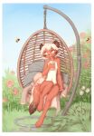  2022 anthro arthropod bee container cup day detailed_background digital_media_(artwork) drinking flower fur grass group hair holding_cup holding_object hymenopteran insect mammal nude outside plant sitting smile straw trio white_hair yshanii 