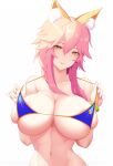  1girl absurdres animal_ear_fluff animal_ears bikini blue_bikini breasts cleavage collarbone eyebrows_visible_through_hair fate/grand_order fate_(series) fox_ears fox_girl highres large_breasts navel pink_hair side-tie_bikini simple_background smiling_embassies solo swimsuit tamamo_(fate) tamamo_no_mae_(swimsuit_lancer)_(fate) upper_body white_background yellow_eyes 