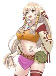 1girl blonde_hair breasts cosplay feena_(grandia) feena_(grandia)_(cosplay) grandia hair_ornament hair_tubes highres jewelry long_hair looking_at_viewer low-tied_long_hair midriff navel necklace nijisanji nui_sociere open_mouth simple_background skirt smile solo stray_wasabi thighhighs virtual_youtuber white_background yellow_eyes 