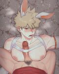  2boys animal_ears babyseven_77 bakugou_katsuki bangs bara between_pectorals blonde_hair blush boku_no_hero_academia bottomless chest_harness erection harness highres kirishima_eijirou large_pectorals looking_at_viewer male_focus male_pubic_hair multiple_boys muscular muscular_male naked_shirt nipples nude on_person open_mouth pecjob pectorals penis pubic_hair rabbit_boy rabbit_ears red_eyes red_shirt shirt short_hair sitting sitting_on_person solo_focus spiked_hair uncensored yaoi 