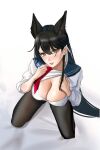  1girl absurdly_long_hair alternate_costume animal_ear_fluff animal_ears atago_(azur_lane) azur_lane black_hair black_legwear blue_sailor_collar bra breasts cleavage clothes_lift from_above hair_between_eyes hair_ribbon highres large_breasts long_hair looking_at_viewer looking_up mole mole_under_eye nianyuguai red_neckwear ribbon sailor_collar shirt shirt_lift simple_background solo underwear very_long_hair white_background white_bra white_ribbon white_shirt yellow_eyes 