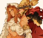  2girls armor breasts brown_hair cape covered_eyes crossover curvy dark_souls_(series) dark_souls_i drenched-in-sunlight dress elden_ring helmet helmet_over_eyes hug large_breasts long_hair malenia_blade_of_miquella mechanical_arms multiple_girls prosthesis prosthetic_arm queen_of_sunlight_gwynevere red_cape red_hair simple_background single_mechanical_arm smile very_long_hair winged_helmet yuri 