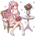  1girl artist_request blue_eyes bouquet bow breasts chair dress eyebrows_visible_through_hair flower game_cg hair_bow haramura_nodoka high_heels holding holding_bouquet jewelry large_breasts looking_at_viewer mahjong_soul necklace official_art penis pink_dress pink_flower pink_hair pink_rose ponytail rose saki sitting smile table third-party_source vase white_bow yostar 