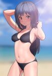  1girl arm_behind_head bangs beach bikini black_bikini black_hair blue_eyes blue_sky blunt_bangs blurry blurry_background blush breasts cloud commentary_request day furuyama_itaru long_hair medium_breasts navel ocean original outdoors sky solo swimsuit 