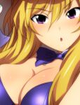  1girl :o bangs blonde_hair blush bow bowtie breasts cleavage commentary_request detached_collar hat leotard long_hair looking_at_viewer medium_breasts mob_cap playboy_bunny purple_bow purple_bowtie purple_eyes purple_leotard strapless strapless_leotard touhou v-shaped_eyebrows very_long_hair white_headwear yadokari_genpachirou yakumo_yukari 