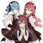  2016 3girls ahoge akakura arms_behind_back bangs blue_eyes blue_hair brown_hair closed_mouth company_name copyright dress finger_to_cheek frills green_eyes hand_on_hip hand_up hands_up hat hololive hoshimachi_suisei looking_at_viewer multiple_girls official_art open_mouth red_hair sakura_miko side_ponytail simple_background smile tokino_sora white_background 