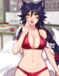  1girl ahri_(league_of_legends) animal_ears artist_name bangs bare_shoulders bikini blushy-pixy braid breasts cleavage cowboy_shot facial_mark fox_ears fox_tail hair_between_eyes highres indoors kitchen large_breasts league_of_legends long_hair looking_at_viewer multiple_tails navel open_mouth red_bikini solo swimsuit tail teeth upper_teeth vastaya whisker_markings 