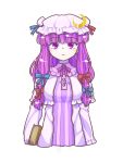  1girl bangs blunt_bangs book bow crescent crescent_hat_ornament cropped_torso dress eyebrows_visible_through_hair fufuyomumusu hat hat_ornament highres long_hair looking_at_viewer mob_cap patchouli_knowledge purple_eyes purple_hair ribbon solo striped touhou upper_body 