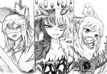  3girls animal animal_ears bandage_over_one_eye big_bird_(lobotomy_corporation) bird bird_ears bird_girl black_souls breasts cleavage extra_eyes fang grin heterochromia hole_in_chest hole_on_body judgement_bird lobotomy_corporation looking_at_viewer monochrome monster_girl multiple_girls muzzle one_eye_covered open_mouth personification portrait punishing_bird shirt smile tierbis 