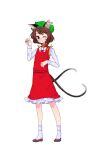  1girl animal_ears blush bow brown_hair cat_ears cat_tail chen fufuyomumusu hat highres jewelry long_sleeves mob_cap multiple_tails one_eye_closed short_hair skirt skirt_set smile solo tail touhou 