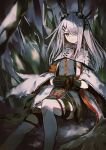  1girl animal_ears arknights black_gloves cloak frostnova_(arknights) gloves grey_eyes grey_hair hair_over_one_eye highres k_futoshi_0n0 long_hair own_hands_together rabbit_ears scar scar_on_face scar_on_nose thighhighs 