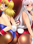  2girls alice_margatroid animal_ears ass bare_back blonde_hair blue_bow blue_bowtie blue_eyes blue_leotard bow bowtie breasts brown_legwear cleavage commentary_request cowboy_shot detached_collar embarrassed fake_animal_ears fake_tail fujiwara_no_mokou hairband leotard lolita_hairband long_hair looking_at_viewer medium_breasts multiple_girls open_mouth pantyhose playboy_bunny rabbit_ears rabbit_tail red_bow red_bowtie red_eyes red_hairband red_leotard short_hair strapless strapless_leotard tail touhou v-shaped_eyebrows very_long_hair white_hair wrist_cuffs yadokari_genpachirou 