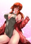  1girl bare_shoulders belly black_swimsuit breasts cleavage clothing_cutout coat collarbone covered_navel cowboy_shot glasses highleg highleg_swimsuit highres large_breasts leotard long_hair looking_down lorelei_(pokemon) off_shoulder petals pink_background pokemon red_coat red_hair signature smile solo swimsuit takecha thighs 