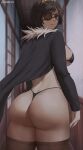  1girl artist_name ass bangs black_bra black_cape black_clover black_eyepatch black_hair black_panties blurry blurry_background bra breasts brown_legwear cape cowboy_shot english_commentary eyepatch fur-trimmed_cape fur_trim hallway highres indoors large_breasts long_hair looking_at_viewer oroborus panties parted_bangs parted_lips red_eyes short_hair solo spade_(shape) thighhighs thong underwear vanica_zogratis 