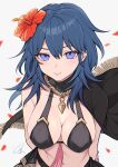  1girl arms_behind_back bangs banned_artist bare_shoulders bikini black_bikini black_cape blue_eyes blue_hair breasts byleth_(fire_emblem) byleth_(fire_emblem)_(female) cape commentary english_commentary fire_emblem fire_emblem:_three_houses fire_emblem_heroes flower hair_between_eyes hair_flower hair_ornament hibiscus highres large_breasts long_hair looking_at_viewer navel red_flower shimizu_akina smile solo stomach swimsuit upper_body 
