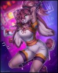  anthro blurred_background breasts clothed clothing digital_media_(artwork) duo eyebrows f-r95 female fur hair hi_res lagomorph lepi leporid long_ears looking_at_viewer lop_(star_wars_visions) machine mammal robot smile star_wars star_wars_visions td-4 tuft 
