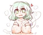  1girl :d alternate_breast_size bangs blush_stickers breast_suppress breasts bright_pupils collarbone completely_nude cum cum_on_body cum_on_breasts eyeball eyebrows_visible_through_hair furrowed_brow green_eyes green_hair hair_between_eyes heart heart_of_string hetero highres komeiji_koishi large_breasts looking_at_viewer medium_hair nipples no_hat no_headwear nude open_mouth paizuri penis shishamo_furai simple_background smile solo_focus third_eye touhou upper_body wavy_hair white_background 