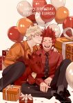  2boys bakugou_katsuki balloon bangs black_pants blonde_hair blush boku_no_hero_academia box character_name closed_eyes collared_shirt confetti donnaoneone gift gift_box happy_birthday highres kirishima_eijirou looking_at_another male_focus multiple_boys necktie orange_shirt pants red_eyes red_hair red_shirt sharp_teeth shirt short_hair sitting smile spiked_hair stuffed_animal stuffed_dragon stuffed_toy suspenders teeth 