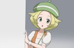  1girl :o beret between_breasts bianca_(pokemon) blonde_hair breasts collarbone commentary_request dress green_eyes green_headwear grey_background hat highres koniko_(525lj) looking_to_the_side open_mouth orange_vest peeking_out pokemon pokemon_(game) pokemon_bw short_hair short_sleeves solo strap_between_breasts upper_body vest white_dress white_wristband 