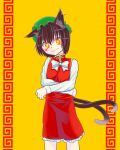  1girl animal_ears bow brown_hair cat_ears cat_tail chen dress earrings fufuyomumusu hat highres jewelry long_sleeves mob_cap multiple_tails piercing red_dress short_hair smile solo tail touhou yellow_background yellow_eyes 