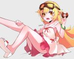  1girl absurdres bakemonogatari bangs bare_shoulders blonde_hair blush_stickers bracelet breasts collarbone doughnut dress fang food goggles goggles_on_head green_bracelet highres jewelry long_hair looking_at_viewer monogatari_(series) oshino_shinobu sadstar115 sandals sitting skin_fang small_breasts sundress toes underskirt yellow_eyes 