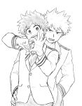  2boys absurdres bakugou_katsuki blazer boku_no_hero_academia clenched_hand finger_heart freckles greyscale hand_in_pocket hand_on_another&#039;s_hip highres jacket looking_at_viewer male_focus midoriya_izuku monochrome multiple_boys necktie no_control open_mouth school_uniform simple_background smile spiked_hair u.a._school_uniform white_background yaoi 