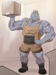  absurd_res anthro big_muscles boots box cardboard cardboard_box clothing container footwear grey_body grey_skin hi_res holding_object machoke maldu male muscular muscular_anthro muscular_male nintendo nipples pecs pok&eacute;mon pok&eacute;mon_(species) solo standing suspenders video_games 