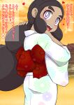  1girl absurdres alternate_costume aor_saiun back_bow black_hair blush bow bright_pupils cloud commentary_request cowboy_shot dark-skinned_female dark_skin forehead from_behind hands_up happy hapu_(pokemon) heart highres japanese_clothes kimono light_blush long_hair long_sleeves looking_at_viewer looking_back nape open_mouth orange_background orange_sky outdoors partial_commentary pokemon pokemon_(game) pokemon_sm purple_eyes red_bow sidelocks sky smile solo spoken_heart standing sunset talking teeth text_focus tongue translation_request white_kimono white_pupils wide_sleeves 