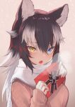  1girl absurdres akuma_(st.takuma) animal_ears black_hair blue_eyes blush breath commentary eyebrows_visible_through_hair fang fur_collar grey_wolf_(kemono_friends) heterochromia highres kemono_friends long_hair long_sleeves multicolored_hair open_mouth pink_sweater solo sweater two-tone_hair valentine white_fur white_hair wolf_ears wolf_girl yellow_eyes 