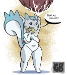  big_breasts blue_body blue_fur breasts dialogue eating female food fruit fur hi_res nintendo plant pok&eacute;mon short_stack slightly_chubby tail taunting video_games white_body white_fur 