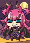  1girl april_fools bangs blue_eyes chibi elizabeth_bathory_(fate) elizabeth_bathory_(japan)_(fate) evil_grin evil_smile eyebrows_visible_through_hair fate/grand_order fate_(series) full_body full_moon grin highres horns long_hair moon official_art oni_horns pink_hair pointy_ears riyo_(lyomsnpmp) sharp_teeth smile solo teeth v-shaped_eyebrows very_long_hair 