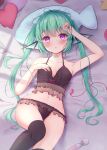  1girl black_legwear black_panties blush breasts egg_vibrator finana_ryugu green_hair head_fins heart heart-shaped_pupils highres hitachi_magic_wand long_hair looking_at_viewer navel nijisanji nijisanji_en on_bed panties parted_lips pillow purple_eyes sex_toy small_breasts solo symbol-only_commentary symbol-shaped_pupils thighhighs twintails underwear ustn_(usatan) vibrator virtual_youtuber 