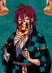  1boy absurdres adapted_costume alternate_hair_length alternate_hairstyle alternate_universe aqua_background arm_guards bangs checkered_clothes covered_mouth earrings fingernails fox_mask hair_between_eyes highres holding holding_mask japanese_clothes jewelry kamado_tanjirou kimetsu_no_yaiba kimono long_fingernails long_hair long_sleeves male_focus mask mask_removed red_eyes red_hair red_nails ring sash seigaiha slit_pupils solo tassel upper_body wide_sleeves yagasuri youshima 