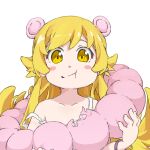  1girl animal_ears bakemonogatari bangs bare_shoulders blonde_hair blush_stickers bracelet collarbone doughnut eating food jewelry long_hair looking_at_viewer lowres monogatari_(series) oshino_shinobu oversized_food pointy_ears pon_de_ring strap_slip ueki_yuma yellow_eyes 