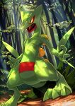 absurdres claws commentary day fighting_stance forest full_body green_eyes highres karamimame looking_to_the_side multicolored_eyes nature no_humans open_mouth outdoors pokemon pokemon_(creature) sceptile standing tongue tree yellow_eyes 