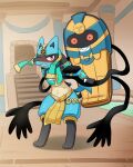  2022 3_fingers 3_toes 5_fingers anthro arm_grab black_body blue_body blue_ears blue_fur blue_tail blush bottomwear clothed clothing duo egyptian_clothing feet fingers fur hi_res loincloth lucario midriff multi_arm multi_limb nintendo pok&eacute;mon pok&eacute;mon_(species) ruins_style_lucario stairs sum tan_body tan_fur teeth toes video_games yellow_loincloth 