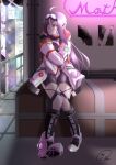  1girl :t ;) absurdres ahoge alternate_costume boots character_request cyberpunk fingerless_gloves gloves goggles goggles_on_head high_heels highres knee_boots konno_yuuki_(sao) long_hair looking_to_the_side maximum7010 one_eye_closed purple_hair red_eyes red_gloves smile solo sword_art_online sword_art_online_the_movie:_ordinal_scale thighs 