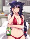  1girl ahri_(league_of_legends) animal_ears artist_name bangs bare_shoulders bikini blushy-pixy bottle braid breasts cleavage cowboy_shot facial_mark fox_ears fox_tail hair_between_eyes hand_up highres holding holding_bottle indoors kitchen large_breasts league_of_legends long_hair looking_at_viewer multiple_tails navel red_bikini solo swimsuit tail vastaya whisker_markings 