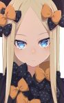  1girl abigail_williams_(fate) absurdres bangs black_bow black_dress black_headwear blonde_hair blue_eyes blush bow breasts camui1104 dress fate/grand_order fate_(series) forehead hair_bow hat highres long_hair long_sleeves looking_at_viewer multiple_bows orange_bow parted_bangs polka_dot polka_dot_bow ribbed_dress small_breasts 