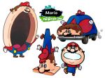  brown_hair car crossover facial_hair gloves ground_vehicle hat highres jiggidyjakes kirby_(series) kirby_and_the_forgotten_land mario mario_(series) motor_vehicle mouthful_mode multiple_views mustache nintendo open_mouth red_headwear simple_background teeth traffic_cone white_background white_gloves 