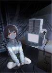  1girl absurdres asymmetrical_hair brown_eyes brown_hair cable chair closed_mouth closet computer hair_ornament hairclip highres iwakura_lain looking_at_viewer masahito_(yomenu) school_uniform serial_experiments_lain shirt short_hair sitting skirt solo x_hair_ornament 