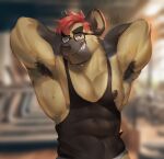  abs anthro armpit_focus armpit_hair black_nipples bodily_fluids body_hair eyewear glasses gym hands_behind_head highlights_(coloring) huzzhuz hyaenid male mammal muscle_shirt muscular muscular_arms muscular_male navel_outline nipple_slip nipples pecs solo sweat sweaty_armpit sweaty_arms sweaty_chest 