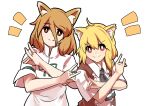  2girls ahoge animal_ears ascot asymmetrical_hair bangs black_ascot blonde_hair brown_eyes brown_vest closed_mouth collared_shirt commentary_request cookie_(touhou) eyebrows_visible_through_hair fang fox_ears fox_girl fox_shadow_puppet green_ribbon hair_between_eyes highres kudamaki_tsukasa leftame light_brown_hair looking_at_viewer medium_hair miramikaru_riran multiple_girls red_eyes ribbon romper shirt short_sleeves sidelocks simple_background skin_fang smile touhou transparent_background upper_body vest white_romper white_shirt 