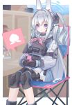  1girl :&lt; absurdres animal_ear_headphones armband blue_archive bulletproof_vest cellphone chair commentary_request halo highres knee_pads long_hair miyako_(blue_archive) phone purple_eyes school_uniform silver_hair sitting solo tactical_clothes veni_tsubaki 