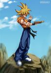  1boy belt black_belt blonde_hair blue_pants blue_sky blurry box broonoart cloud codename:_kids_next_door dragon_ball dragon_ball_z highres mountain mountainous_horizon no_eyes orange_shirt package pants parody saiyan shirt shoes sky sleeveless sleeveless_shirt spiked_hair style_parody sweatband toriyama_akira_(style) wallabee_beetles white_footwear wristband 