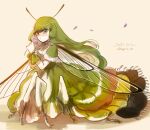  1girl arthropod_girl arthropod_limbs ascot beige_background bug dress flower frilled_dress frilled_sleeves frills green_hair hawk_moth highres hogara holding holding_flower insect_wings long_hair monster_girl moth_girl multicolored_eyes multicolored_hair multiple_legs original petals white_hair wings wrist_cuffs 