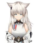  1girl animal_ears anlly arknights arknights:_endfield bangs bare_shoulders black_gloves blue_eyes breasts closed_mouth dress eyebrows_visible_through_hair gloves grey_hair highres jacket long_hair long_sleeves looking_at_viewer medium_breasts off_shoulder open_clothes open_jacket perlica_(arknights) puffy_long_sleeves puffy_sleeves simple_background sleeveless sleeveless_dress smile solo steepled_fingers upper_body very_long_hair white_background white_dress white_jacket 